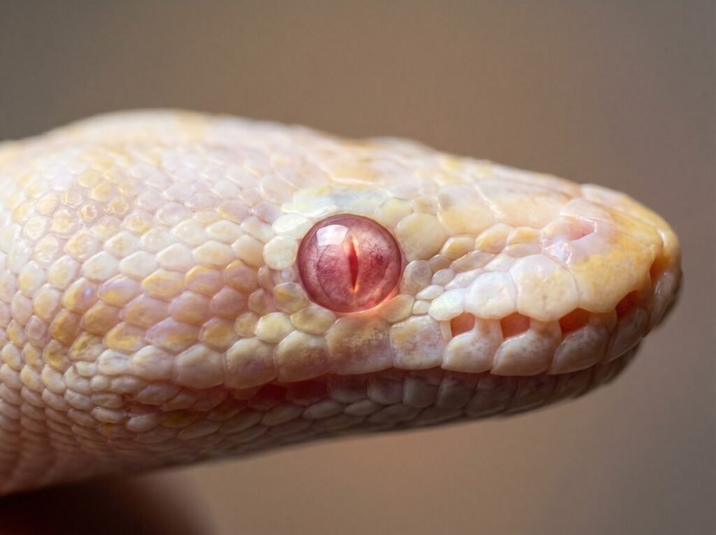 Close-up of an albino ball python eye showing the characteristic pink-red iris