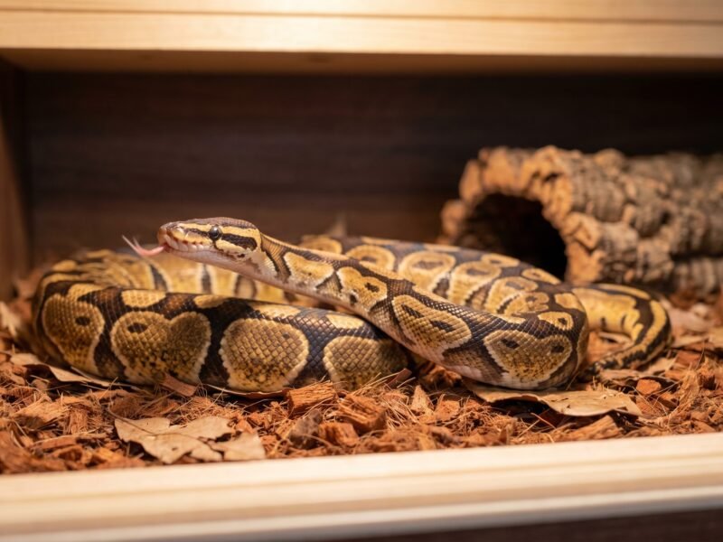 Adult ball python coiled on coconut fiber substrate inside a naturalistic enclosure