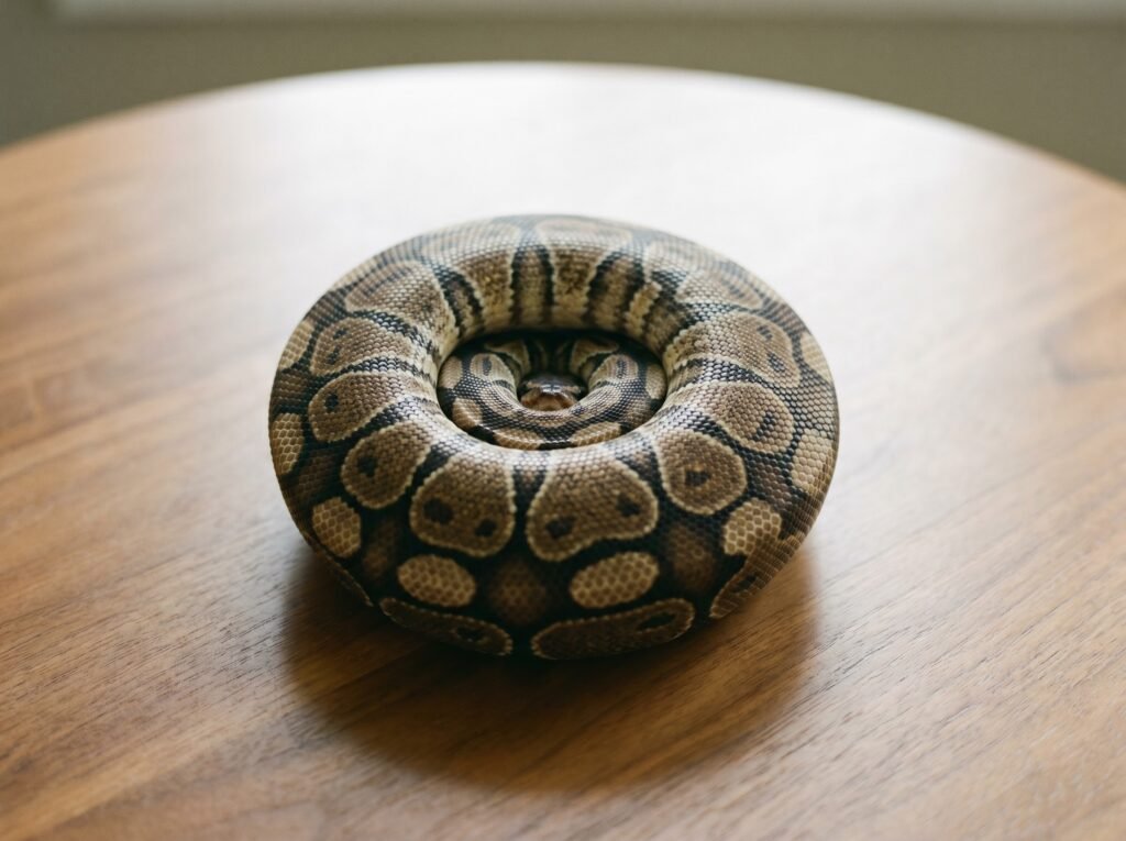 Ball python in a tight defensive ball with head tucked, its natural stress response
