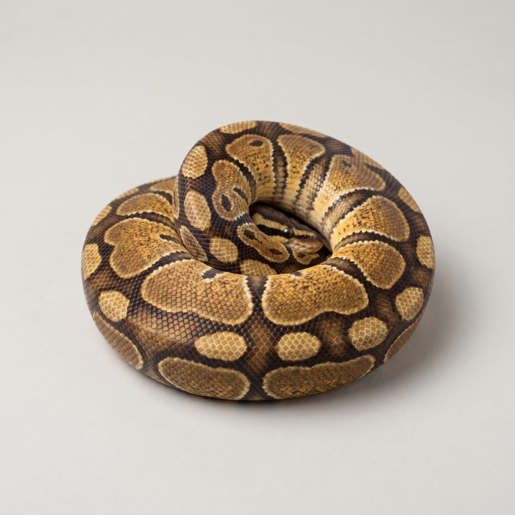 Ball python curled into a tight defensive ball with head tucked beneath coils