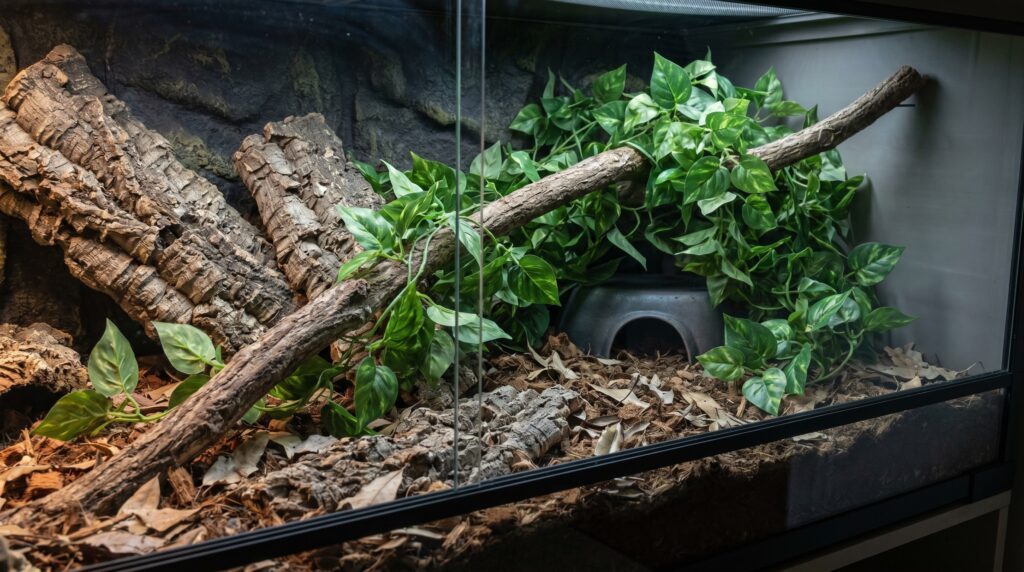 Ball python enclosure interior with cork bark, branch, and plant cover to reduce stress