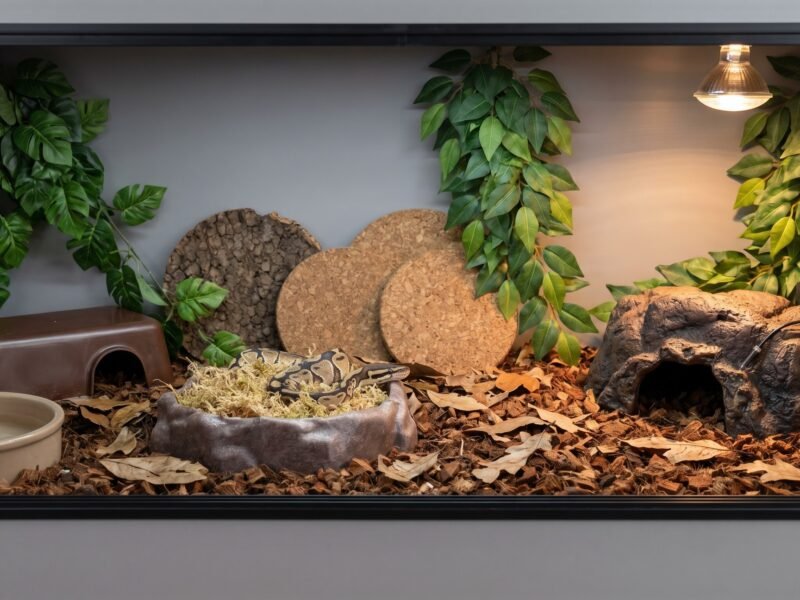 Ball python enclosure interior showing warm hide, humid hide, naturalistic substrate, and cork bark decor