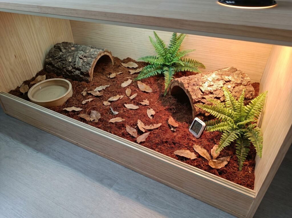 Ball python enclosure showing two hides, water bowl, and layered coconut fiber substrate