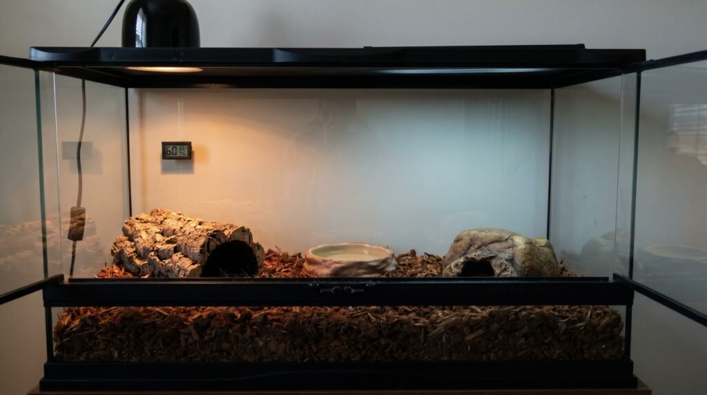 Ball python enclosure set up with two hides, substrate, and water bowl before the snake arrives