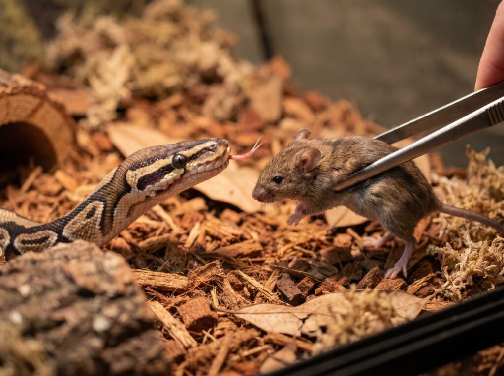 Ball python responding to frozen-thawed mouse prey offered with feeding tongs