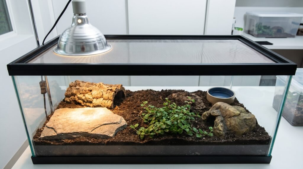 Halogen flood bulb in dome lamp positioned over the warm side of a ball python enclosure
