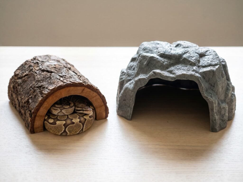 Two ball python hides side by side showing correct snug size versus an oversized hide