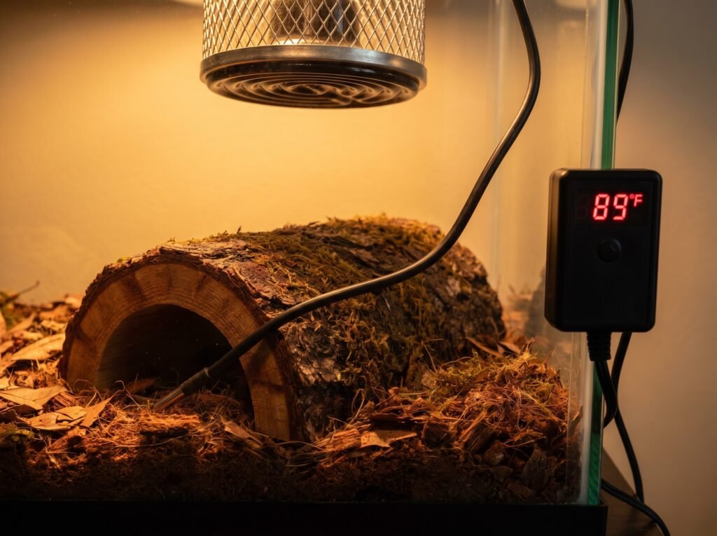 Ball python warm hide with thermostat probe and overhead heat lamp showing correct regulated heating setup