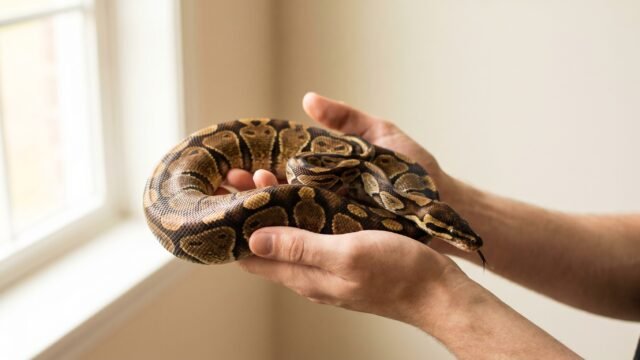 Healthy adult ball python resting across two hands, showing glossy brown and gold scales