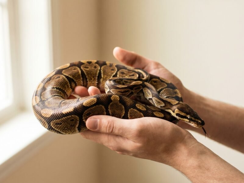 Healthy adult ball python resting across two hands, showing glossy brown and gold scales