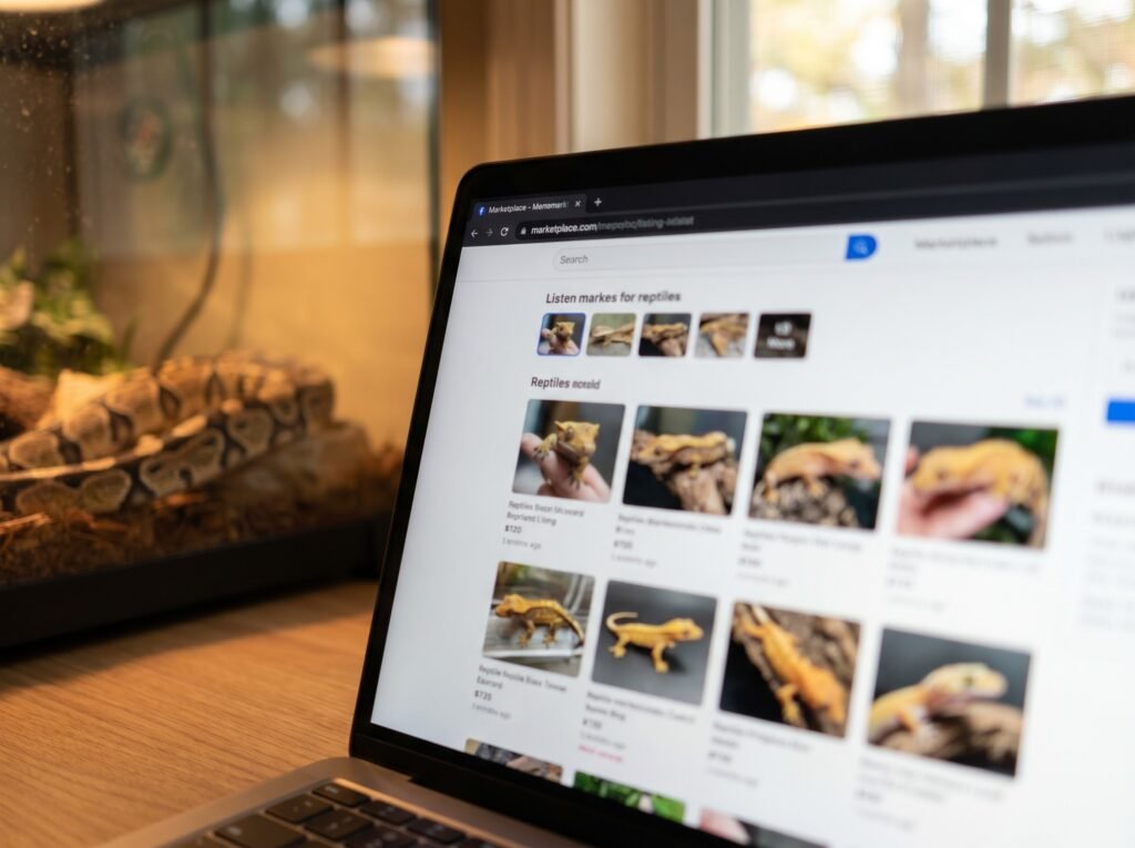 Person browsing an online ball python marketplace listing on a laptop at home
