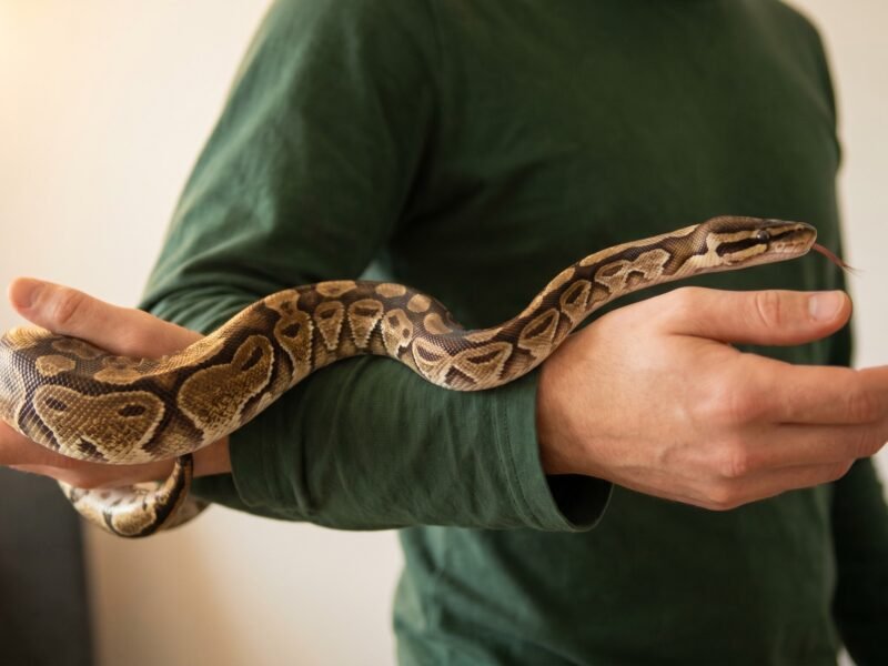 Adult ball python resting calmly across a keeper's forearms, head gently raised