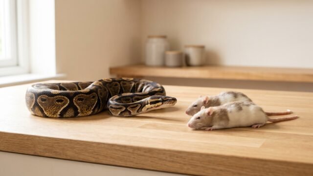 Adult ball python beside two frozen-thawed feeder rats showing appropriate prey size