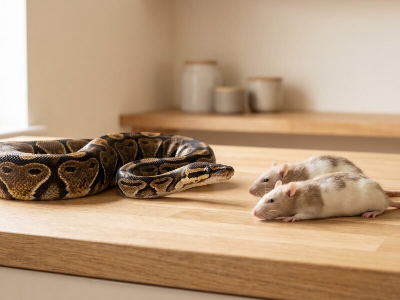 Adult ball python beside two frozen-thawed feeder rats showing appropriate prey size