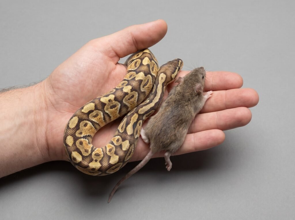 Ball python body next to a feeder rat illustrating the one-and-a-half times girth rule